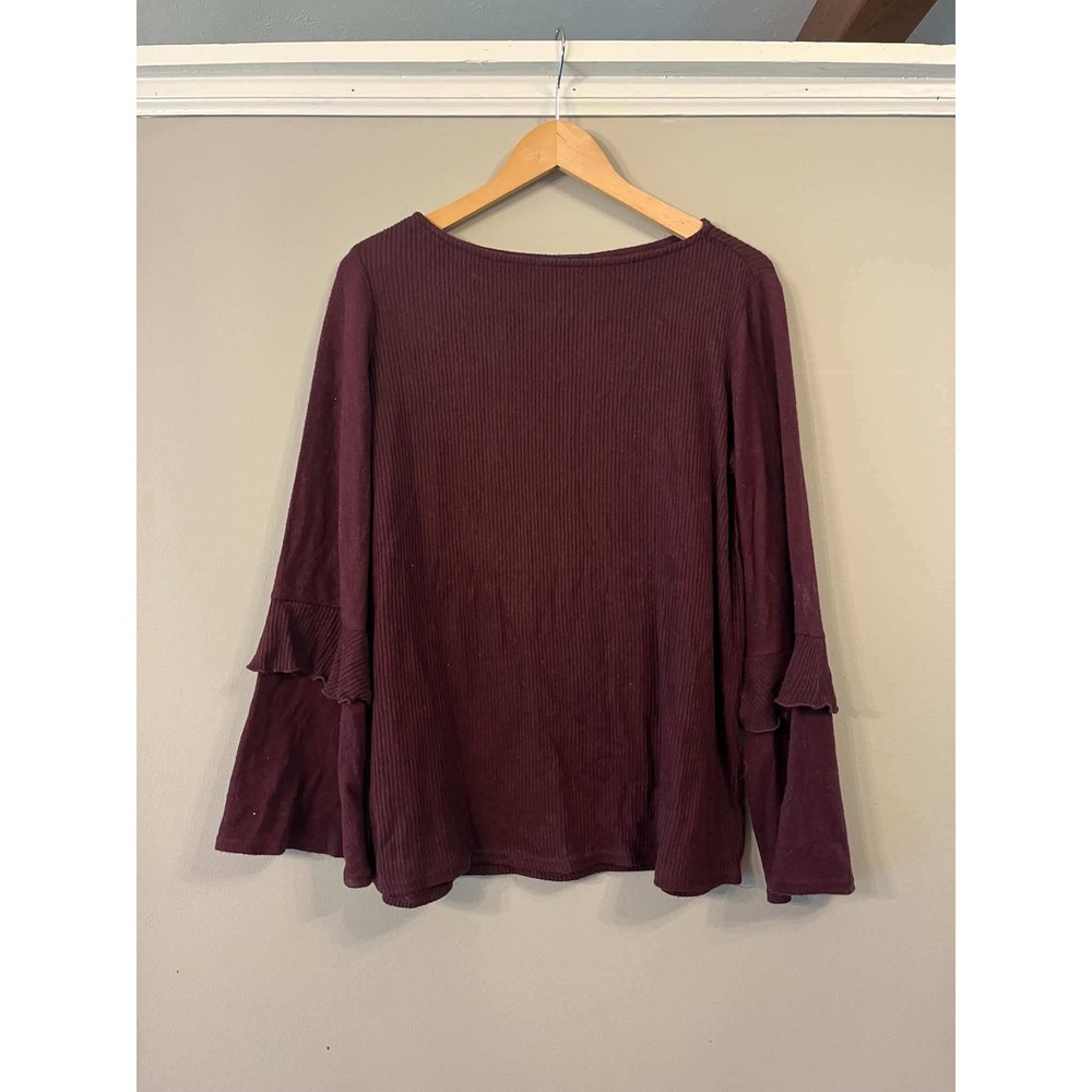 AGB Womens Burgundy Ribbed Tiered Bell Sleeve Ruffle Knit Top Large